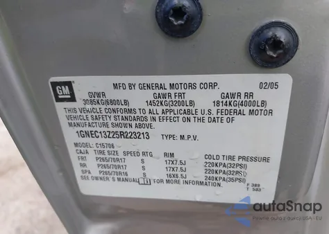 2005 Chevrolet Tahoe Lt from USA, damaged, VIN 1GNEC13Z25R223213